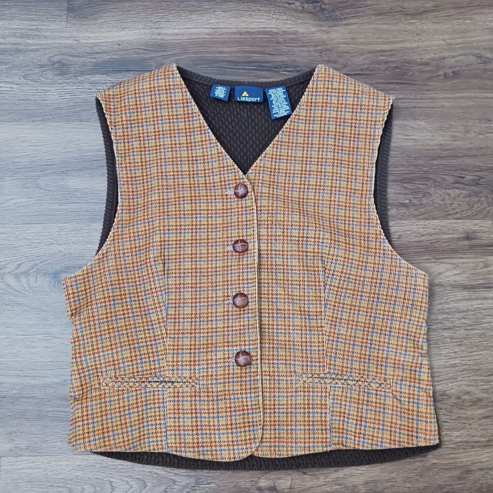 Lizsport Womens Plaid Corduroy Knit Back Vest Brown Tan Blue Size M Vintage